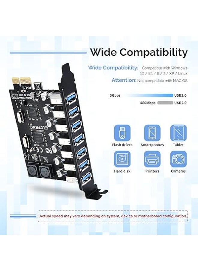 7-Port USB 3.0 PCIe Expansion Card for Desktop PC 5Gbps SuperSpeed Data Transfer PCI Express to USB Hub Internal Card with UASP Support - Image 3